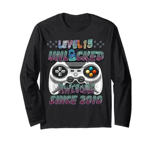 Unlocked 15. Geburtstags-T-Shirt für Gamer Boys, Level 15 Langarmshirt von Awesome Gamer Birthday Gifts for Boys and Girls