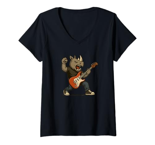 Damen Cooles Rocking Nashorn Kostüm mit E-Gitarre T-Shirt mit V-Ausschnitt Damen Cooles Rocking Nashorn Kostüm mit E-Gitarre T-Shirt mit V-Ausschnitt von Awesome Guitar Rhino
