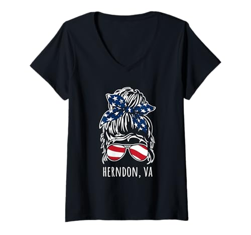 Damen Herndon VA Messy Hair Bun Ribbon Sonnenbrille Design T-Shirt mit V-Ausschnitt von Awesome Herndon VA USA Designs Souvenirs