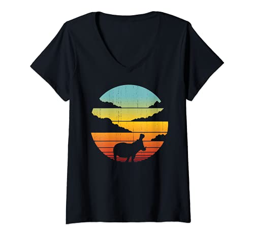 Damen Nilpferd Nilpferd Retro Vintage 60 70er Jahre Sonnenuntergang Säugetier T-Shirt mit V-Ausschnitt von Awesome Hippopotamus Clothing