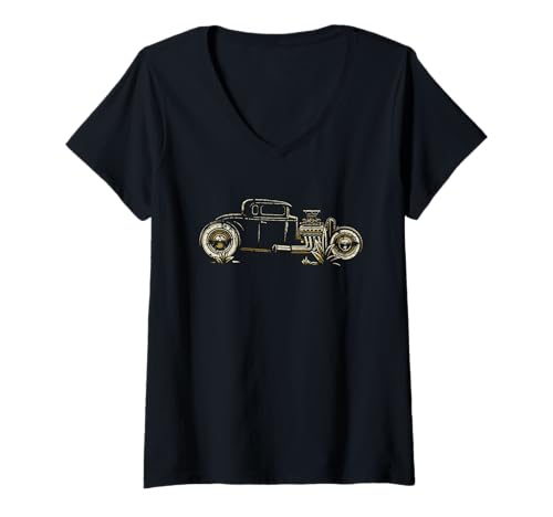 Damen Hotrod Retro-Stil Used-Look T-Shirt mit V-Ausschnitt von Awesome Hotrod Classic Car Designs