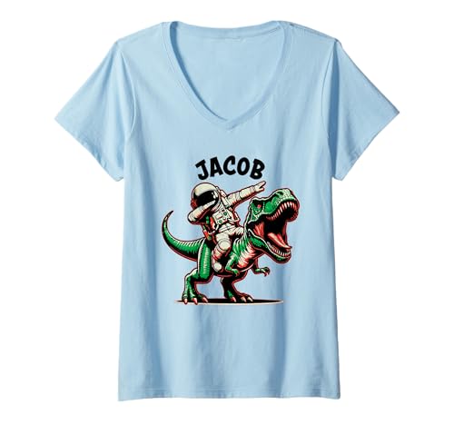 Damen Jacob Dabbing Astronaut auf einem Dinosaurier-Cartoon T-Shirt mit V-Ausschnitt von Awesome Jacob Designs for the Name Jacob