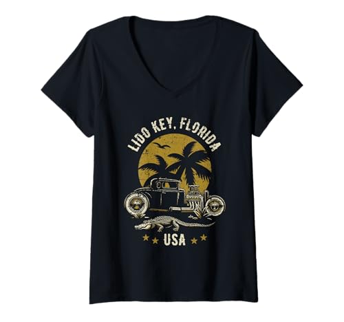 Damen Hotrod im Alligator-Design bei Sonnenuntergang in Lido Key Florida T-Shirt mit V-Ausschnitt von Awesome Lido Key Florida USA Designs Souvenirs