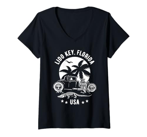Damen Hotrod im Alligator-Design bei Sonnenuntergang in Lido Key Florida T-Shirt mit V-Ausschnitt von Awesome Lido Key Florida USA Designs Souvenirs