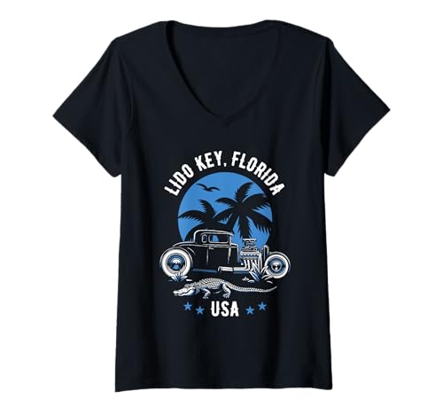 Damen Hotrod im Alligator-Design bei Sonnenuntergang in Lido Key Florida T-Shirt mit V-Ausschnitt von Awesome Lido Key Florida USA Designs Souvenirs