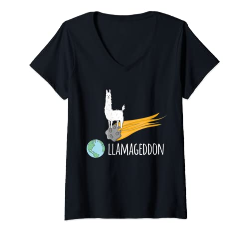 Damen Llamageddon Lama Armageddon Pun T-Shirt mit V-Ausschnitt von Awesome Llama T-Shirts