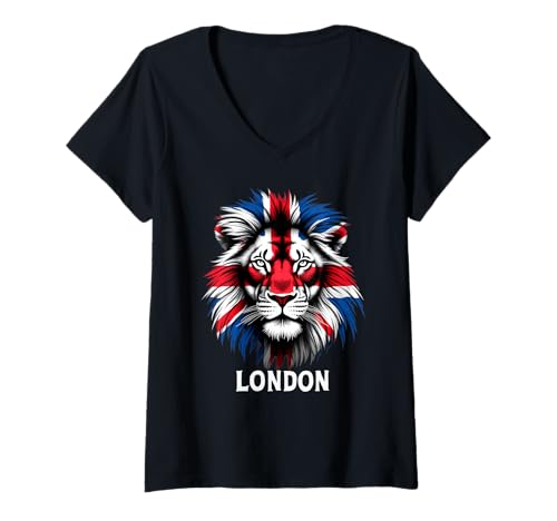 Damen Union Jack Flagge Löwe Design Großbritannien London T-Shirt mit V-Ausschnitt von Awesome London UK Designs