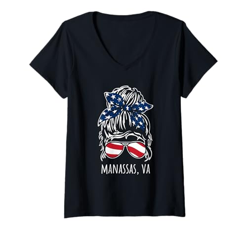 Damen Manassas VA Messy Hair Bun Ribbon Sonnenbrille Design T-Shirt mit V-Ausschnitt von Awesome Manassas VA USA Designs Souvenirs