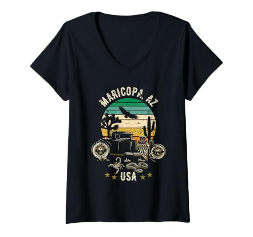 Damen Maricopa AZ USA Hotrod Retro-Design im Desert-Distressed-Design T-Shirt mit V-Ausschnitt Damen Maricopa AZ USA Hotrod Retro-Design im Desert-Distressed-Design T-Shirt mit V-Ausschnitt von Awesome Maricopa Arizona USA Designs