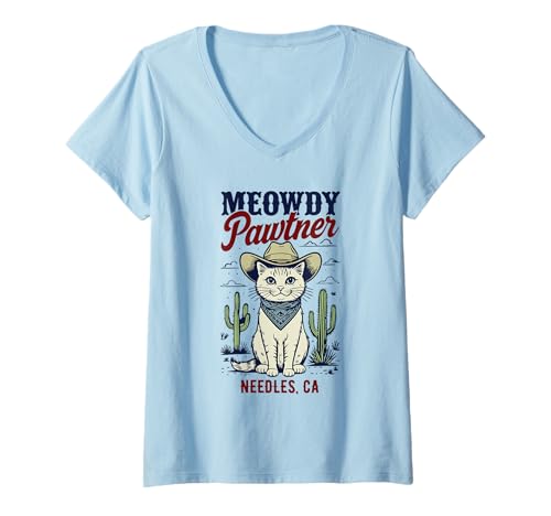 Damen Needles CA USA Lustiges Meowdy Pawtner Katzenmotiv T-Shirt mit V-Ausschnitt von Awesome Needles CA USA Designs