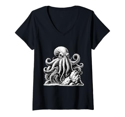 Damen Tolle aufwendige Oktopus-Grafik T-Shirt mit V-Ausschnitt Damen Tolle aufwendige Oktopus-Grafik T-Shirt mit V-Ausschnitt von Awesome Octopus Sea Life Print