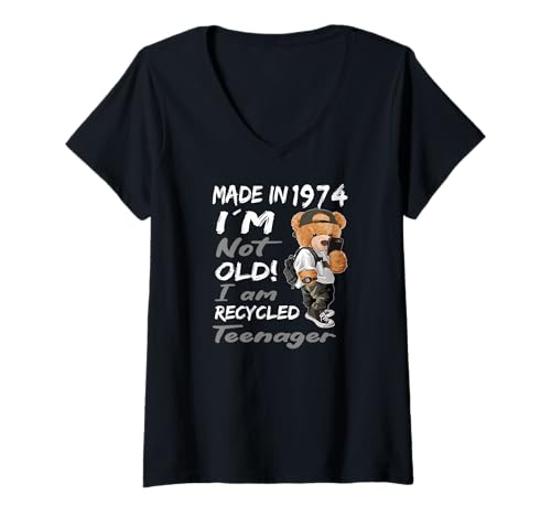 Damen Made in 1974 Funny Old Recycled Teenager lustig Geburtstag T-Shirt mit V-Ausschnitt von Awesome Old Teenager Spruch Cool Teddy Geburtstag