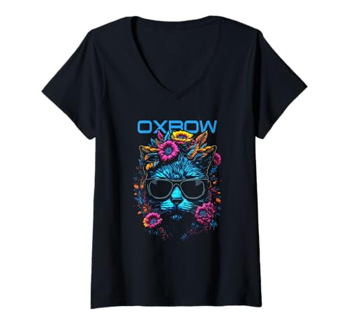 Damen Oxbow Katze trägt Sonnenbrille und Blumen Design T-Shirt mit V-Ausschnitt Damen Oxbow Katze trägt Sonnenbrille und Blumen Design T-Shirt mit V-Ausschnitt von Awesome Oxbow Estates Arizona USA Designs