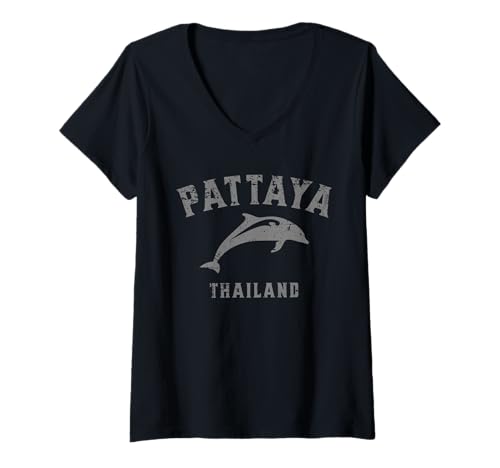 Damen Pattaya Thailand Springender Delphin im Used-Look T-Shirt mit V-Ausschnitt von Awesome Pattaya Thailand Designs