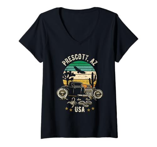 Damen Prescott AZ USA Hotrod Retro-Design im Wüsten-Sonnenuntergangsstil T-Shirt mit V-Ausschnitt von Awesome Prescott Arizona USA Designs