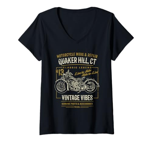 Damen Quaker Hill CT USA Retro Distressed Style Motorrad Design T-Shirt mit V-Ausschnitt von Awesome Quaker Hill CT USA Motorcycle Designs
