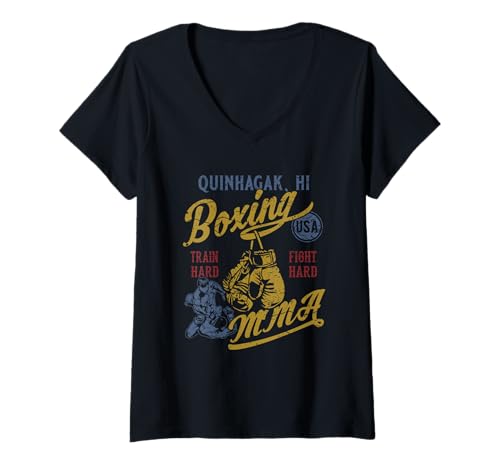 Damen Quinhagak HI Retro Boxen MMA USA Vintage Used-Look T-Shirt mit V-Ausschnitt von Awesome Quinhagak Hawaii USA Designs and Souvenirs