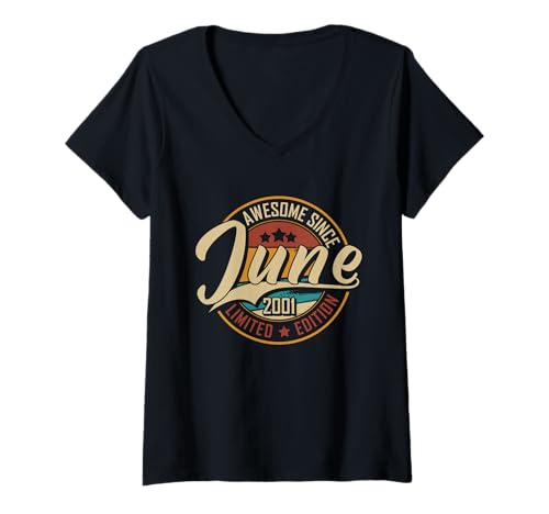 Damen Awesome Since Juni 2001 | 25 years old | 25th Birthday T-Shirt mit V-Ausschnitt von Awesome Retro Birthday Outfits in June