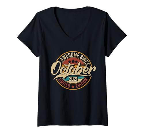 Damen Fantastisch Seit Oktober 2021 | 4 Jahre alt | 4. Geburtstag T-Shirt mit V-Ausschnitt von Awesome Retro Birthday Outfits in October