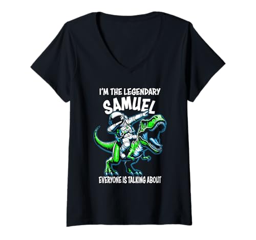Damen I'm The Legendary Samuel Lustiger Astronaut auf Dinosaurier-Cartoon T-Shirt mit V-Ausschnitt Damen I'm The Legendary Samuel Lustiger Astronaut auf Dinosaurier-Cartoon T-Shirt mit V-Ausschnitt von Awesome Samuel Designs for the Name Samuel