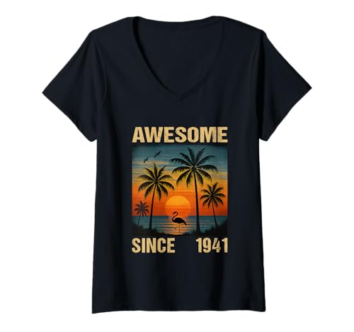 Damen Fantastische Tropische Flamingopalme seit 1941 zum 84. Geburtstag T-Shirt mit V-Ausschnitt von Awesome Since 1941 birthday 84 Years old Palm tees