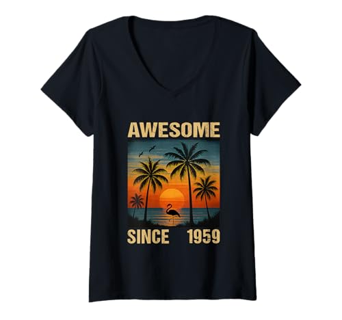 Damen Fantastische Tropische Flamingopalme seit 1959 zum 66. Geburtstag T-Shirt mit V-Ausschnitt von Awesome Since 1959 birthday 66 Years old Palm tees