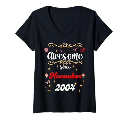 Damen Fantastisch Seit November 2004 Geburtstag Flowers & Butterflies T-Shirt mit V-Ausschnitt Damen Fantastisch Seit November 2004 Geburtstag Flowers & Butterflies T-Shirt mit V-Ausschnitt von Awesome Since November 2004 November 2004 Birthday