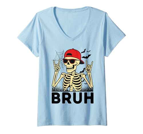 Damen Cool Bruh Skeleton with Rock On Hands Funny Halloween T-Shirt mit V-Ausschnitt von Awesome Skeleton Halloween Graphic Costume Gifts