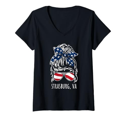Damen Strasburg VA Messy Hair Bun Ribbon Sonnenbrille Design T-Shirt mit V-Ausschnitt von Awesome Strasburg VA USA Designs Souvenirs