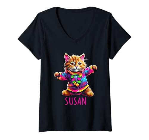 Damen Susan Bunte tanzende Katze Design für Mädchen Name Susan T-Shirt mit V-Ausschnitt Damen Susan Bunte tanzende Katze Design für Mädchen Name Susan T-Shirt mit V-Ausschnitt von Awesome Susan Designs for Girls Name Susan