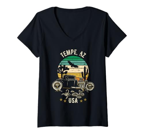 Damen Tempe AZ USA Hotrod Retro-Design im Wüsten-Sonnenuntergangsstil T-Shirt mit V-Ausschnitt Damen Tempe AZ USA Hotrod Retro-Design im Wüsten-Sonnenuntergangsstil T-Shirt mit V-Ausschnitt von Awesome Tempe AZ USA Designs