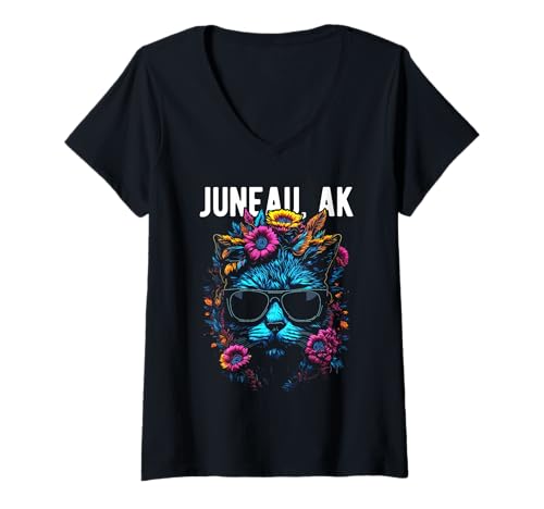 Damen Juneau Alaska Katze mit Sonnenbrille und Blumen Design T-Shirt mit V-Ausschnitt Damen Juneau Alaska Katze mit Sonnenbrille und Blumen Design T-Shirt mit V-Ausschnitt von Awesome Town of Juneau Alaska Souvenirs Designs