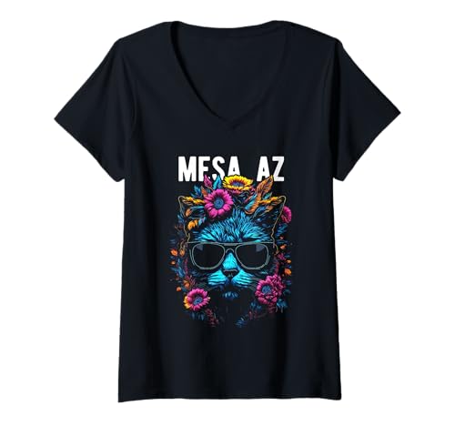 Damen Mesa AZ USA Katze trägt Sonnenbrille und Blumen Design T-Shirt mit V-Ausschnitt Damen Mesa AZ USA Katze trägt Sonnenbrille und Blumen Design T-Shirt mit V-Ausschnitt von Awesome Town of Mesa AZ USA Souvenirs Designs