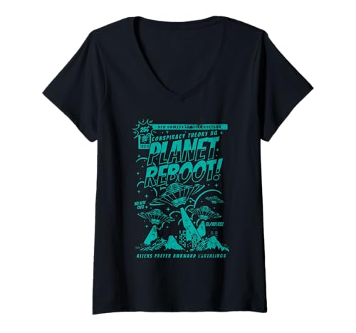 Damen Lustiges UFO Aliens Comic Style Retro Vintage Used-Look T-Shirt mit V-Ausschnitt Damen Lustiges UFO Aliens Comic Style Retro Vintage Used-Look T-Shirt mit V-Ausschnitt von Awesome UFO UAP Alien Designs and Souvenirs