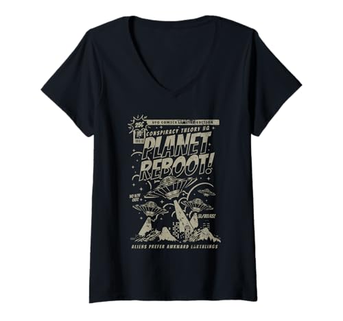 Damen Lustiges UFO Aliens Comic Style Retro Vintage Used-Look T-Shirt mit V-Ausschnitt Damen Lustiges UFO Aliens Comic Style Retro Vintage Used-Look T-Shirt mit V-Ausschnitt von Awesome UFO UAP Alien Designs and Souvenirs