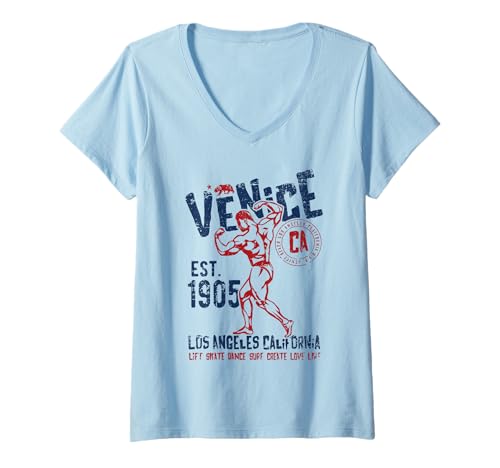 Damen Venedig Est. 1905 California Retro Vintage Used-Look T-Shirt mit V-Ausschnitt von Awesome Venice Los Angeles CA Souvenir Designs