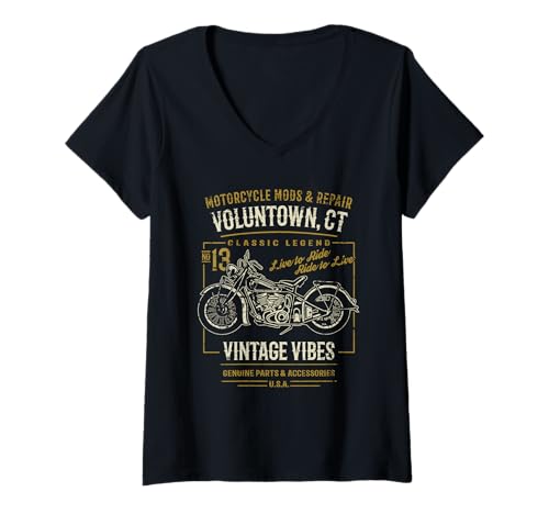 Damen Voluntown CT USA Retro Distressed Style Motorrad Design T-Shirt mit V-Ausschnitt von Awesome Voluntown CT USA Motorcycle Designs