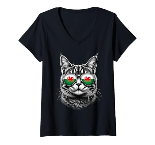 Damen Wales Flagge Katze Gesicht Sonnenbrille Walisische Flagge T-Shirt mit V-Ausschnitt Damen Wales Flagge Katze Gesicht Sonnenbrille Walisische Flagge T-Shirt mit V-Ausschnitt von Awesome Wales Designs