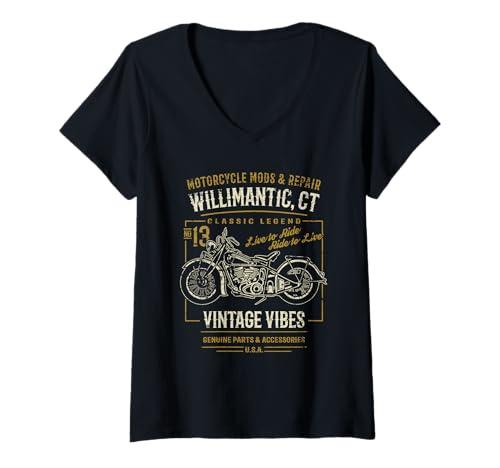Damen Willimantic CT USA Retro Distressed Style Motorrad Design T-Shirt mit V-Ausschnitt Damen Willimantic CT USA Retro Distressed Style Motorrad Design T-Shirt mit V-Ausschnitt von Awesome Willimantic CT USA Motorcycle Designs