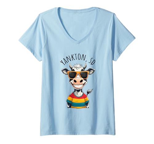 Damen Yankton SD USA Lustiges Kuh-Cartoon-Design T-Shirt mit V-Ausschnitt Damen Yankton SD USA Lustiges Kuh-Cartoon-Design T-Shirt mit V-Ausschnitt von Awesome Yankton SD USA Designs