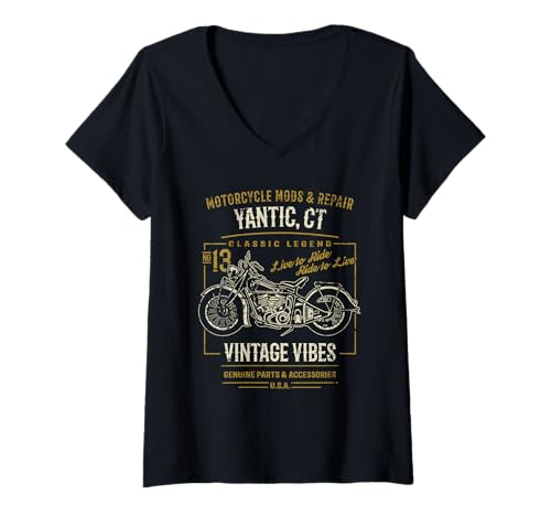 Damen Yantic CT USA Retro Distressed Style Motorrad Design T-Shirt mit V-Ausschnitt Damen Yantic CT USA Retro Distressed Style Motorrad Design T-Shirt mit V-Ausschnitt von Awesome Yantic CT USA Motorcycle Designs