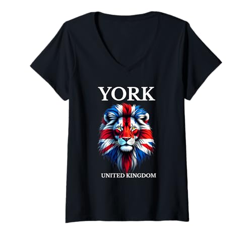 Damen Design der britischen Flagge, Union Jack, Vereinigtes Königreich, York T-Shirt mit V-Ausschnitt Damen Design der britischen Flagge, Union Jack, Vereinigtes Königreich, York T-Shirt mit V-Ausschnitt von Awesome York UK Designs