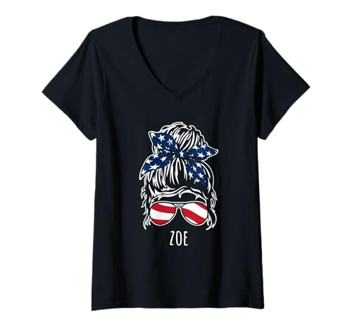 Damen Zoe Haarknoten mit USA-Band, Sonnenbrillen-Designs T-Shirt mit V-Ausschnitt Damen Zoe Haarknoten mit USA-Band, Sonnenbrillen-Designs T-Shirt mit V-Ausschnitt von Awesome Zoe Designs for Girls Name Zoe