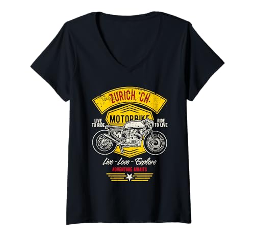 Damen Zurich CH Retro Motorrad Design T-Shirt mit V-Ausschnitt von Awesome Zurich CH Designs