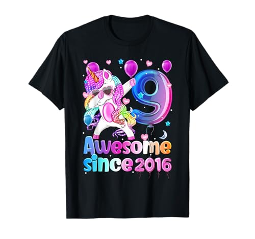Awesome Dabbing Einhorn Geburtstag 9 Jahre alt Mädchen 9 T-Shirt von Awesome birthday 9 year old since 2016