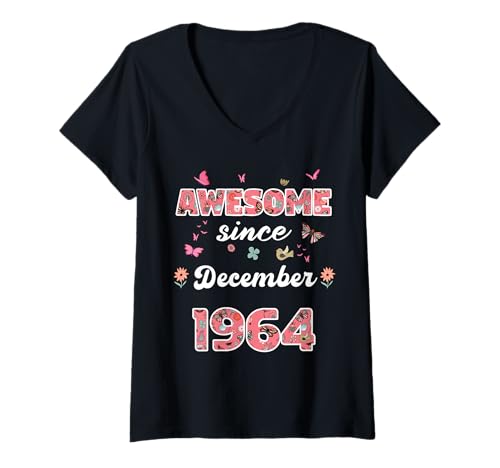 Damen Toll seit Dezember 1964 Blumen 1964 Dezember Geburtstag T-Shirt mit V-Ausschnitt Damen Toll seit Dezember 1964 Blumen 1964 Dezember Geburtstag T-Shirt mit V-Ausschnitt von Awesome since December 1964 flowers 1964 December