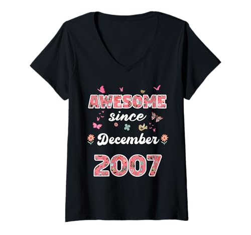 Damen Tolle seit Dezember 2007 Blumen 2007 Dezember Geburtstag T-Shirt mit V-Ausschnitt Damen Tolle seit Dezember 2007 Blumen 2007 Dezember Geburtstag T-Shirt mit V-Ausschnitt von Awesome since December 2007 flowers 2007 December