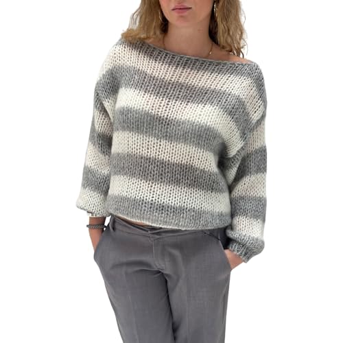 Awevudst Gestreifter Damen-Pullover, Y2K, lockerer U-Boot-Ausschnitt, langärmelig, Strickpullover, Tops, Herbst und Winter, Strickwaren, hellgrau, M von Awevudst