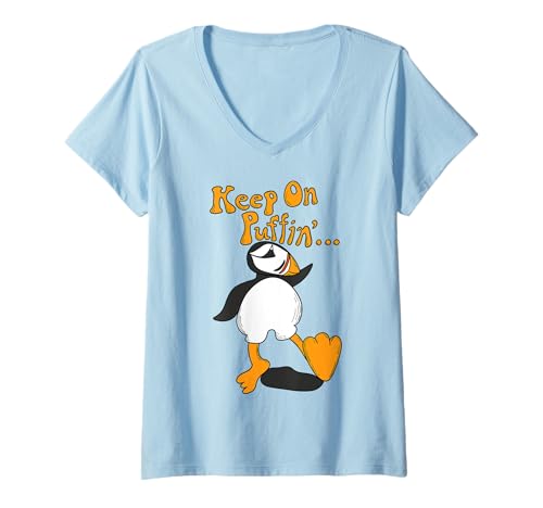 Damen Keep on Papageientaucher Funny Bird Cartoon Grafik T-Shirt mit V-Ausschnitt Damen Keep on Papageientaucher Funny Bird Cartoon Grafik T-Shirt mit V-Ausschnitt von Awkward Design Co.