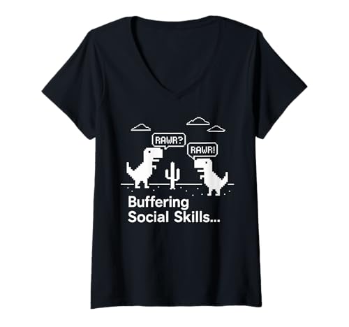 Damen Puffering Social Skills Lustiger Dinosaurier Gamer Introvertiert T-Shirt mit V-Ausschnitt von Awkward Pixel Dino Nerdy Social Anxiety Humor Gift